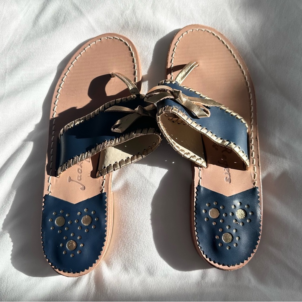 Jack Rogers Adeline Navy Gold Metallic Trim Bow Leather Sandal US 5.5